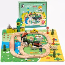 Wooden Rural Farm Train Set Children's Toy Vehicle Playset Gift for Ages 3 