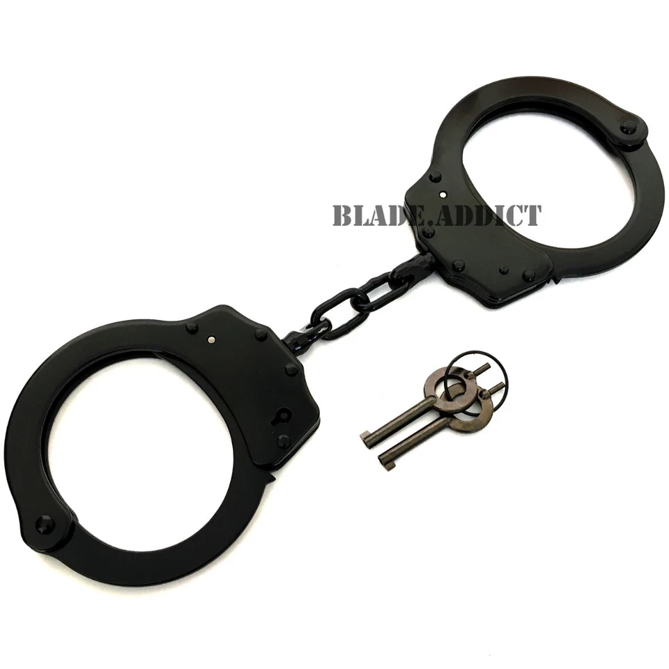 J-TAC Police Handcuffs BLACK STEEL Double Lock REAL Hand Cuffs w/ Keys Authentic