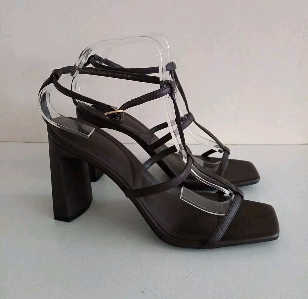 Rita Ora Primark Brown T Strap High Block Heel Sandals UK8 EU41