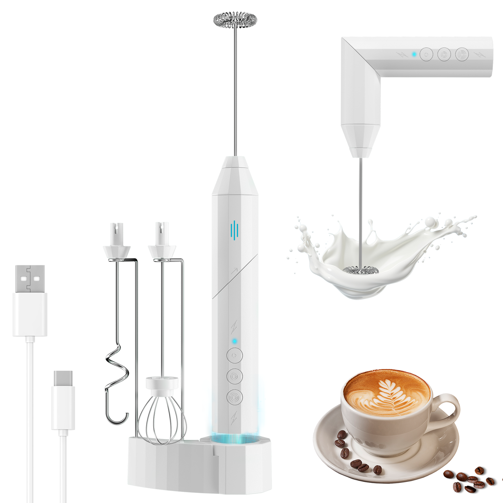 Milk Frother Handheld-Milk Frother Rechargeable w/Stand,3 Stainless Steel Whisks-image