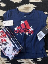 Adidas girls two piece set blue floral logo t-shirt  short leggings 6M