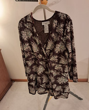 Nine West Women’s Plus 1X Brown Floral V-Neck Long Sleeve Ruffle Mini Dress