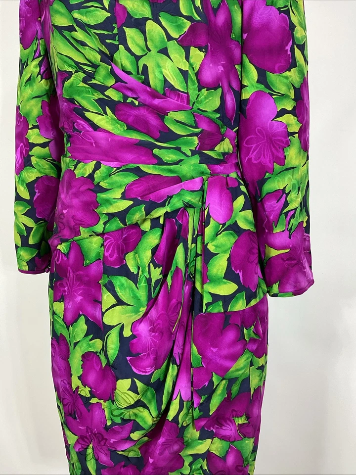 Vestido de Noche AJ Bari Años 80 De Colección Brillante Floral Imitación Envoltura Acanalada Manga Hinchada 12 Foto 3 de 4