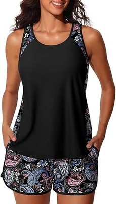 Women's Summer Mae Blouson Tankini Swimsuits Two Piece w/ Sporty Pockets, 18W