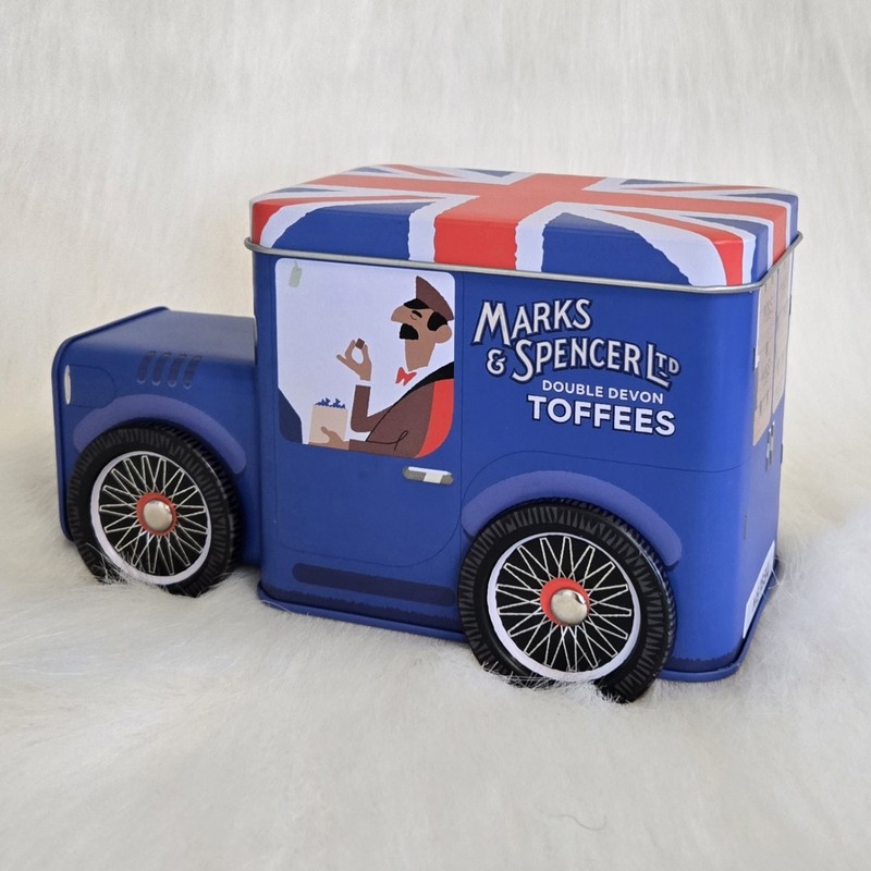 Marks & Spencer M&S Truck Toffee Tin With Wheels Illustrated, British UK, Empty
