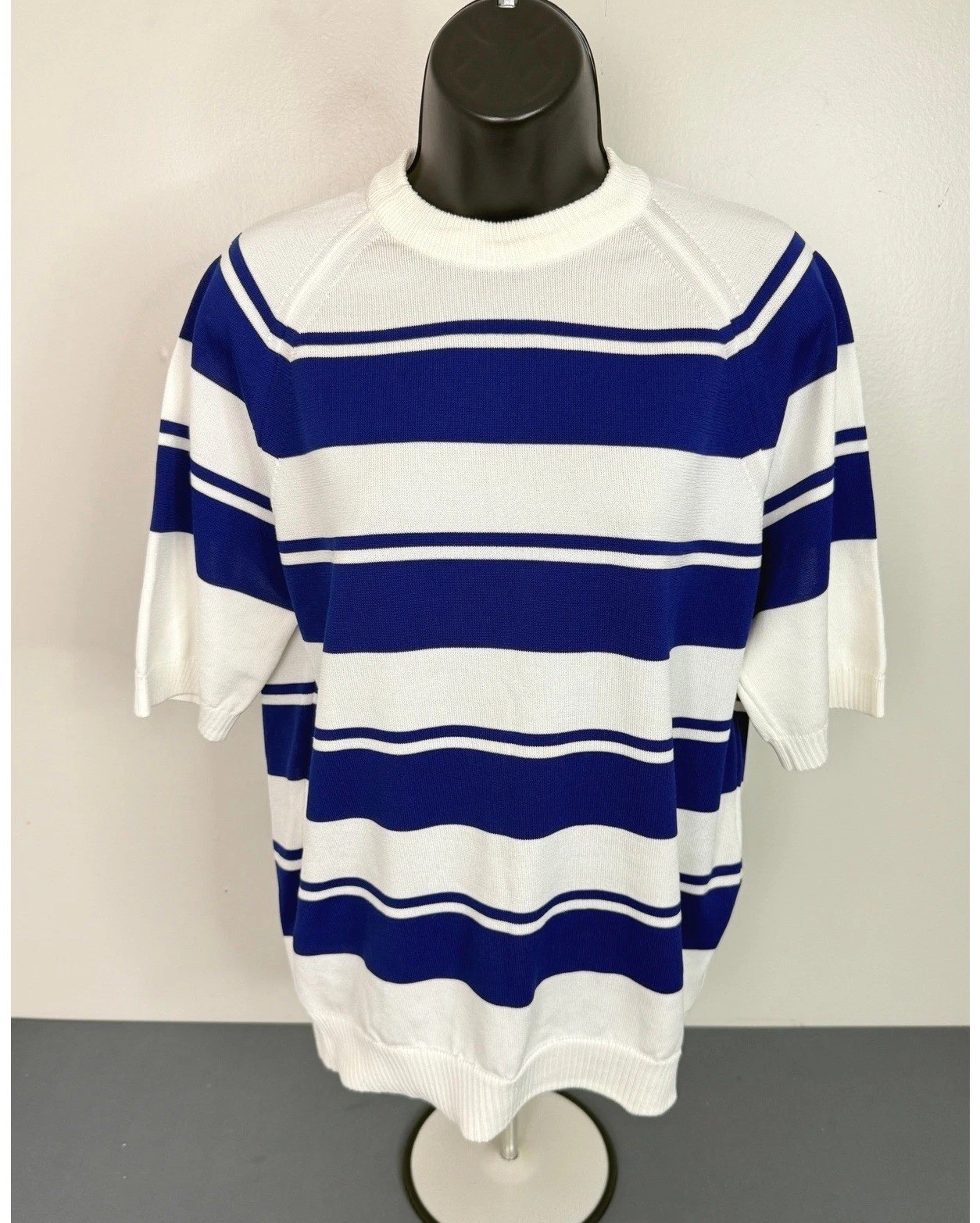 Towncraft Women's Mock Neck Short Sleeve Knit Sweater White Blue Stripe Large