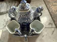 Vtg Tea Set Blue and White Chinese Dragon Teapot 4 Cups Tray Porcelain 8x8  