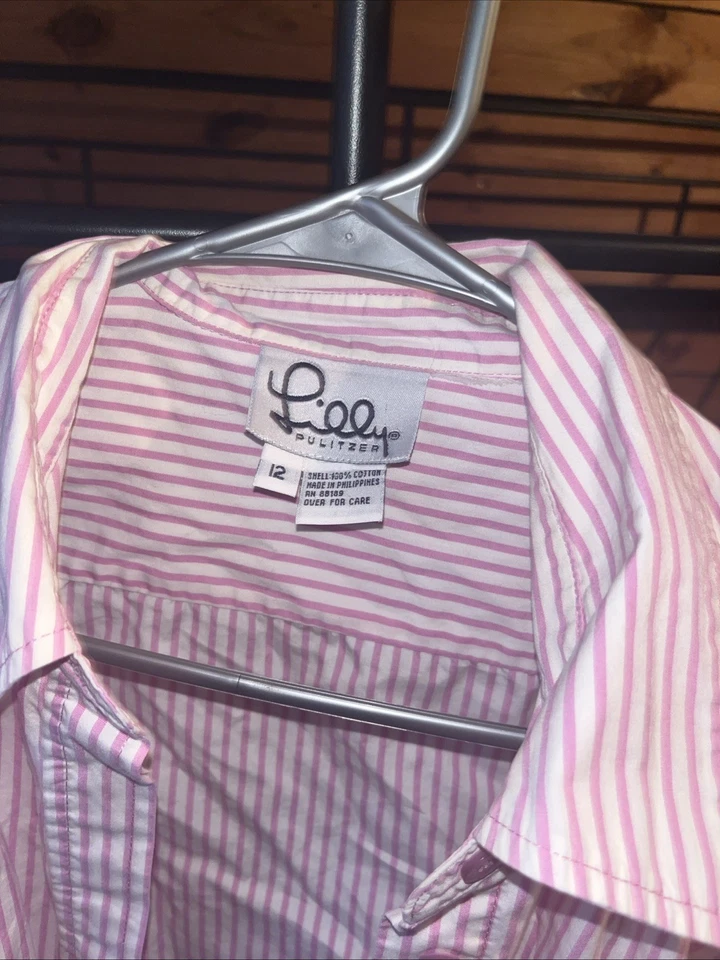 Camisa Lilly Pulitzer Manga Larga Botón Frontal Rayas Mujer Talla 12 Blanco Rosa Foto 3 de 3