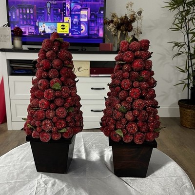 Set of 2 Faux Berry Christmas Centerpiece Trees Red/Green w/ Black Wood Base
