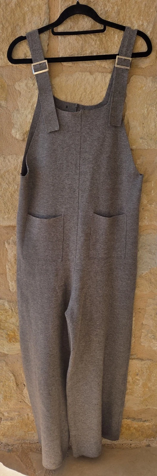 Grey Knit Wide Leg Jumpsuit Dungarees Salopette with Pockets