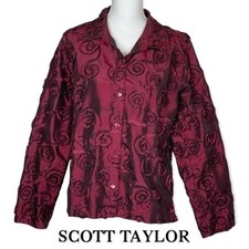 Scott Taylor Metallic Ruby Red Rosette Ribboned Party Event Jacket Nwot