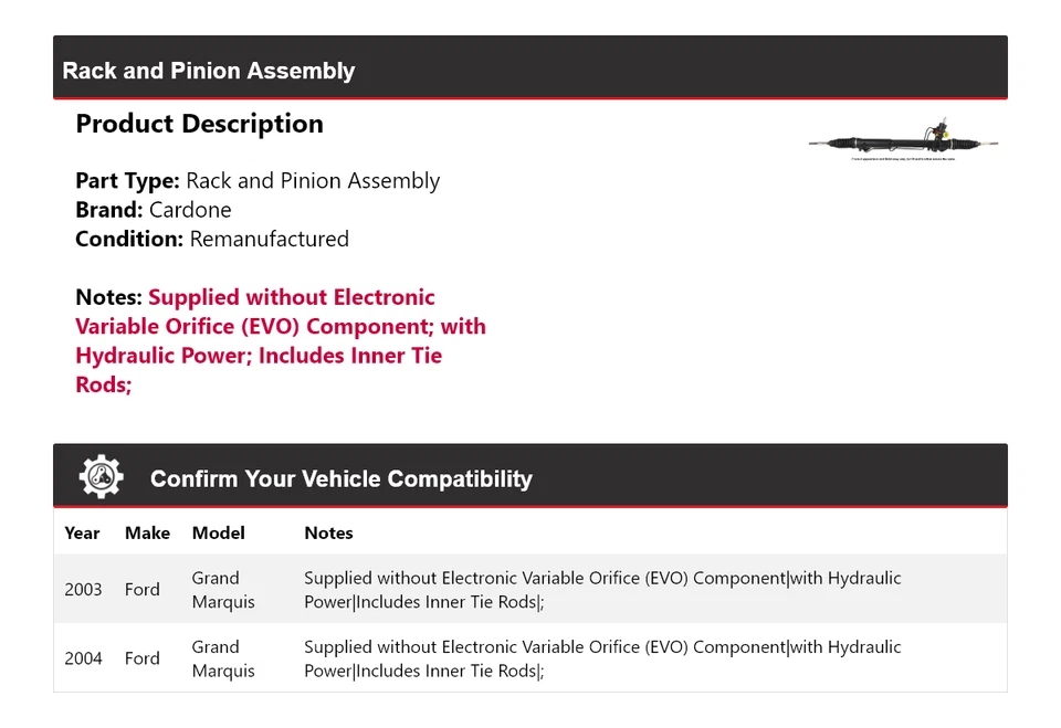 Montaje de piñón y cremallera para Ford Grand Marquis 2003-2004 cartón Foto 2 de 4