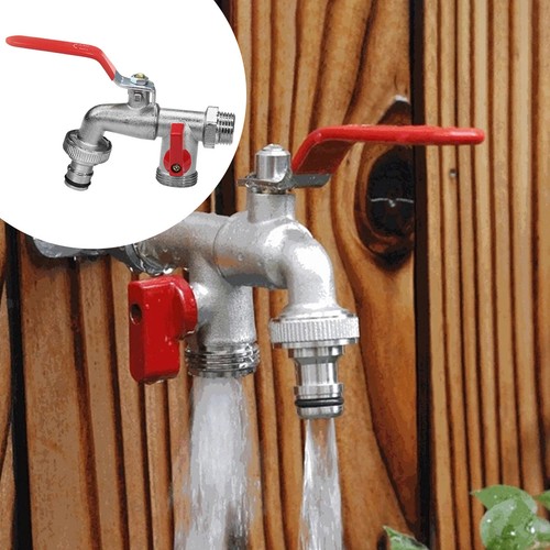 1/2" BSP Double Duo Outlet Garden Tap Connector Brass Nickle Plated Automatic - Picture 3 of 11