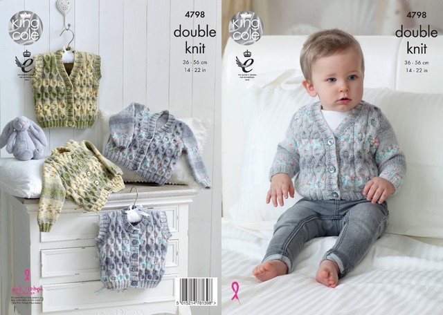 Baby KNITTING PATTERN Baby Cable Cardigan Jumper and Slipover DK King Cole 4905