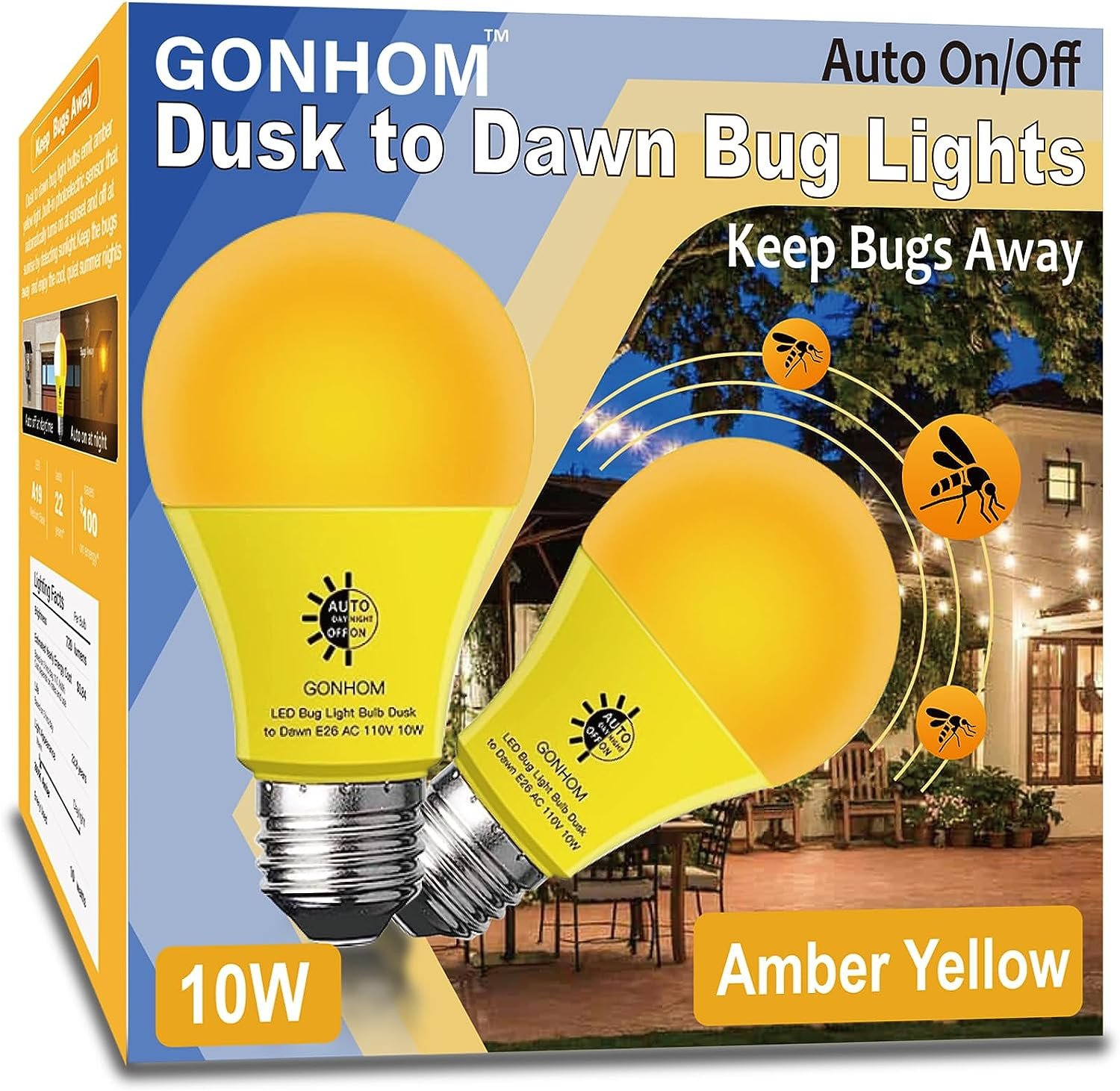 2 Pack A19 Dusk to Dawn Bug Light Bulbs Outdoor, 2000K Amber Yellow LED