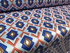 Stretch Cotton Sateen Woven Fabric, Per Metre - Aztec Print - Blue & Orange