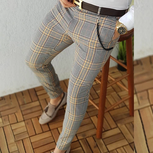 Mens Casual Plaid Bottoms Men Summer Leisure Button Trousers Fitted Long Pants - Picture 5 of 19