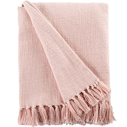 Cotton Throw Blanket for Couch, 60x50 in, Blush Pink Boho Woven