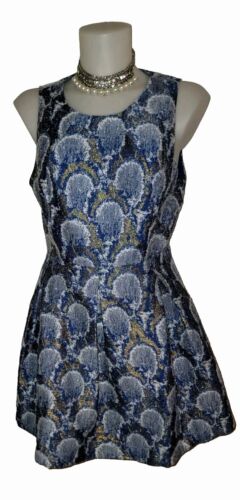 Blue & Gold Sz L Retro Swing Skater Gogo Mod Whimsical Businesscore Dress