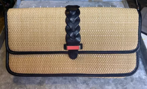 Cole Haan Bedford Beige Woven Izzie Clutch Black Leather Trim