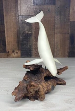 John Perry Humpback Whale Figure Sculpture Burlwood Base 11" x 9"