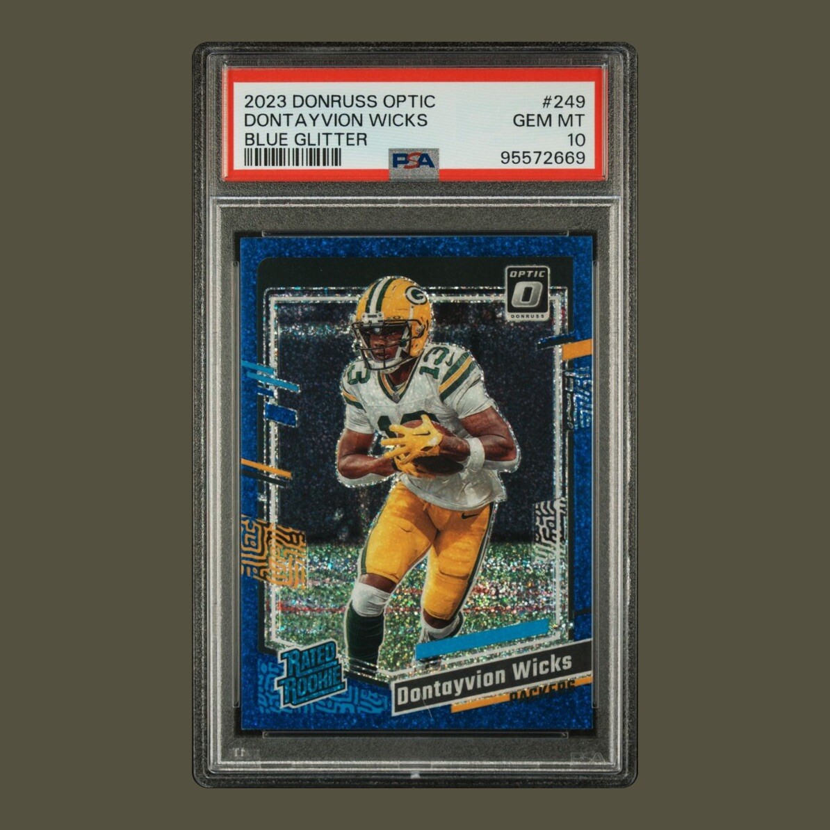 2023 DONRUSS OPTIC DONTAYVION WICKS #249 BLUE GLITTER PRIZM SP CASE HIT PSA 10