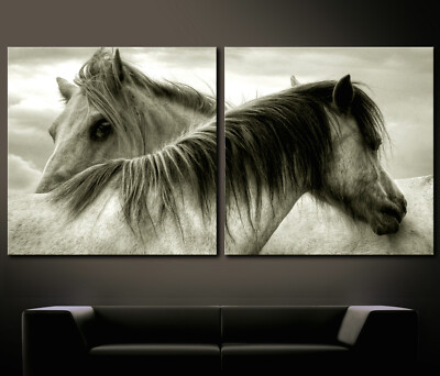SOUL TO SOUL Leinwand BILD SET Abstrakt Schwarz Grau Modern Pferde Wandbild XXL