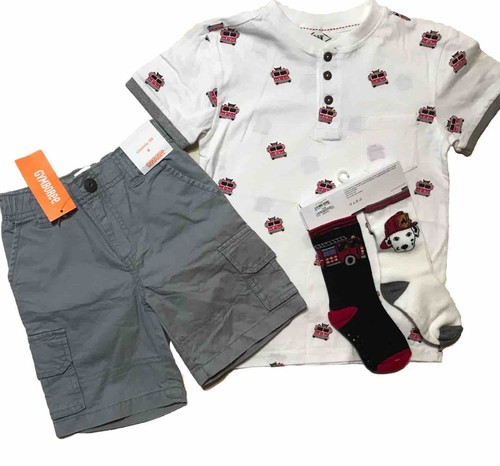 Gymboree ROK Boy size 4 Fire Engine Henley Top Shorts Sox Red Grey White New 3pc - Picture 2 of 10
