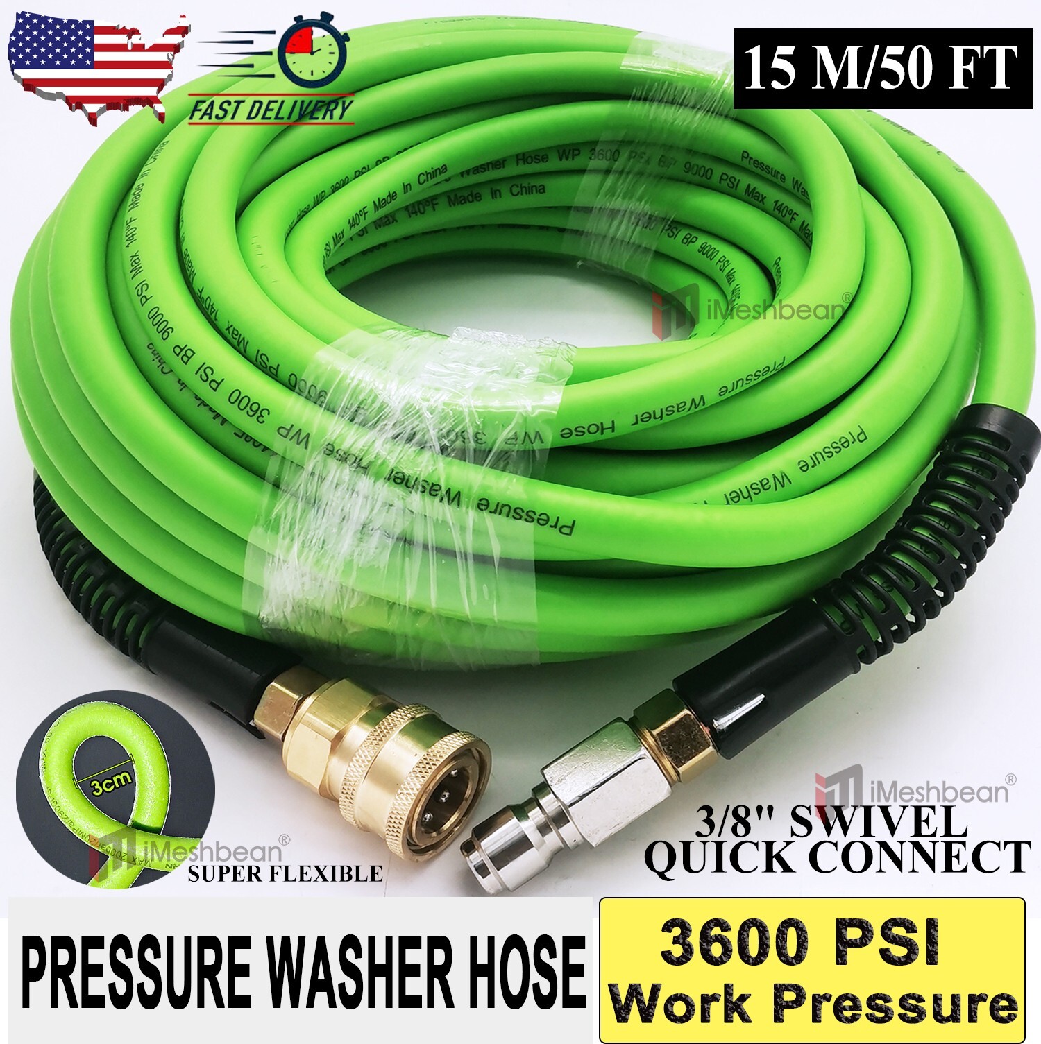 50FT 3600PSI Replacement High Pressure Power Washer Hose-3/8