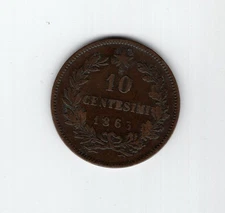 ITALY 1863 Vittorio Emanuele 10 cents. copper coin