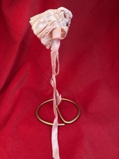 Vintage Pink Satin Ruffle Baby Bonnet Hat w/ Ribbon Chin Strap Ties,