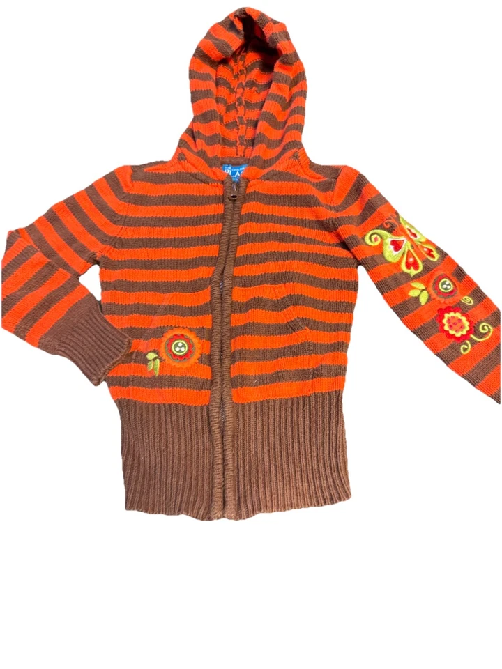 Y2K 2000s Sudadera con Capucha 5/6 Marrón Naranja Rayas Tejido Manga Floral Boho Lindo Bordado Foto 2 de 4