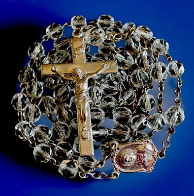Vintage Catholic Crystal 5 Decade Rosary, Silver Tone Center, Crucifix