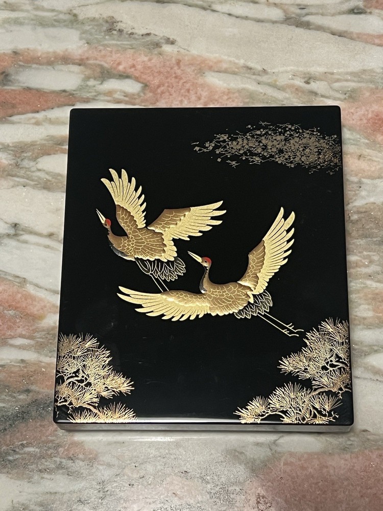 Urushi Box  Japanese Lacquer Jubako Bento Box with Golden Maki-e Cranes