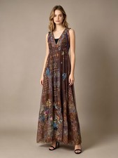 580 NWOT Johnny Was Mesh Embroidered Floral Ruffles V-Neck Maxi Dress Size S