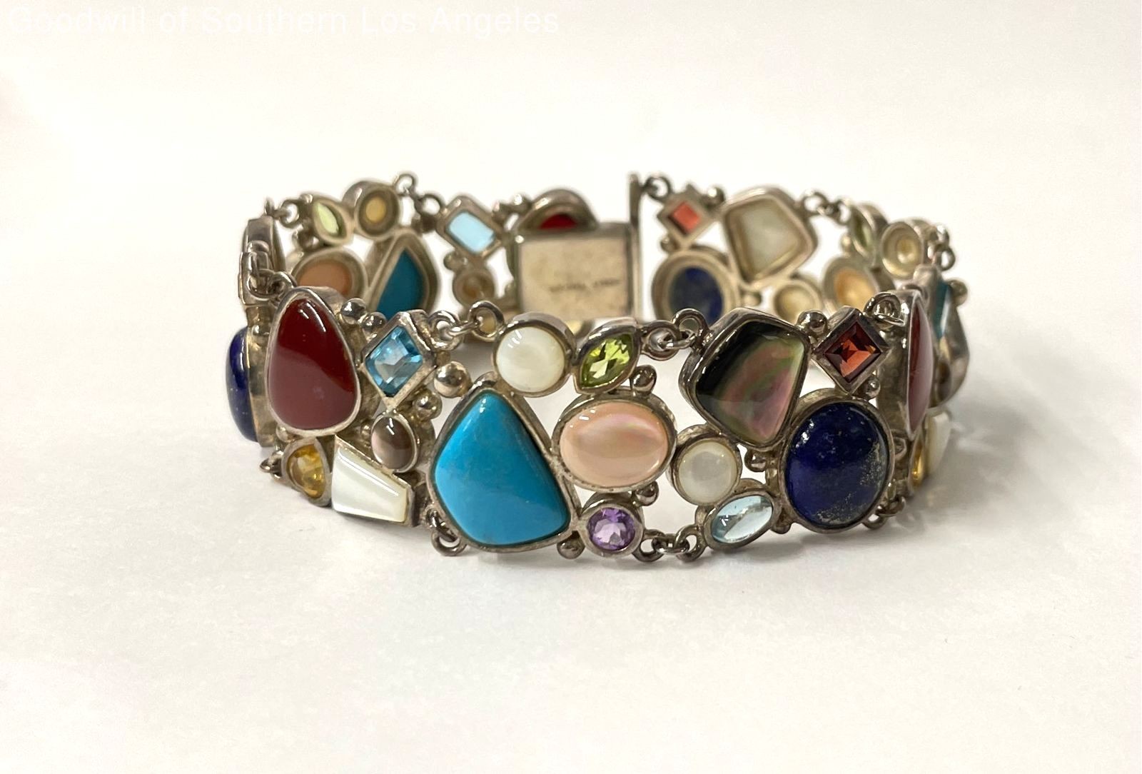 Sterling Silver Multi-Gemstone Panel Bracelet - 5… - image 1