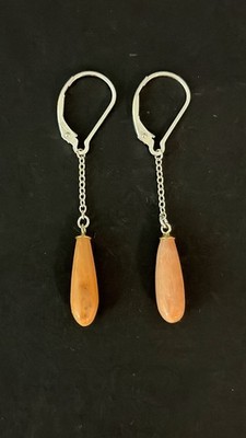 Antique Vintage Victorian Coral Drops Earrings On Modern Sterling Silver Chains