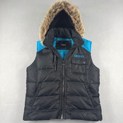 DKNY, Vintage Y2K DKNY Puffer Vest Black Blue Down Fill Faux Fur Hood M