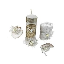 Arcangeles Mexicanos Catholic Baptism Candle Set in a Wooden Box with Towel,