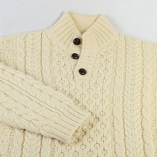VTG L.L. BEAN IVORY IRISH FISHERMAN SWEATER CARDIGAN ARAN WOOL CABLE KNIT L REG