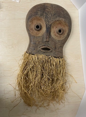 African Carved Wood Mask With Long Straw Beard