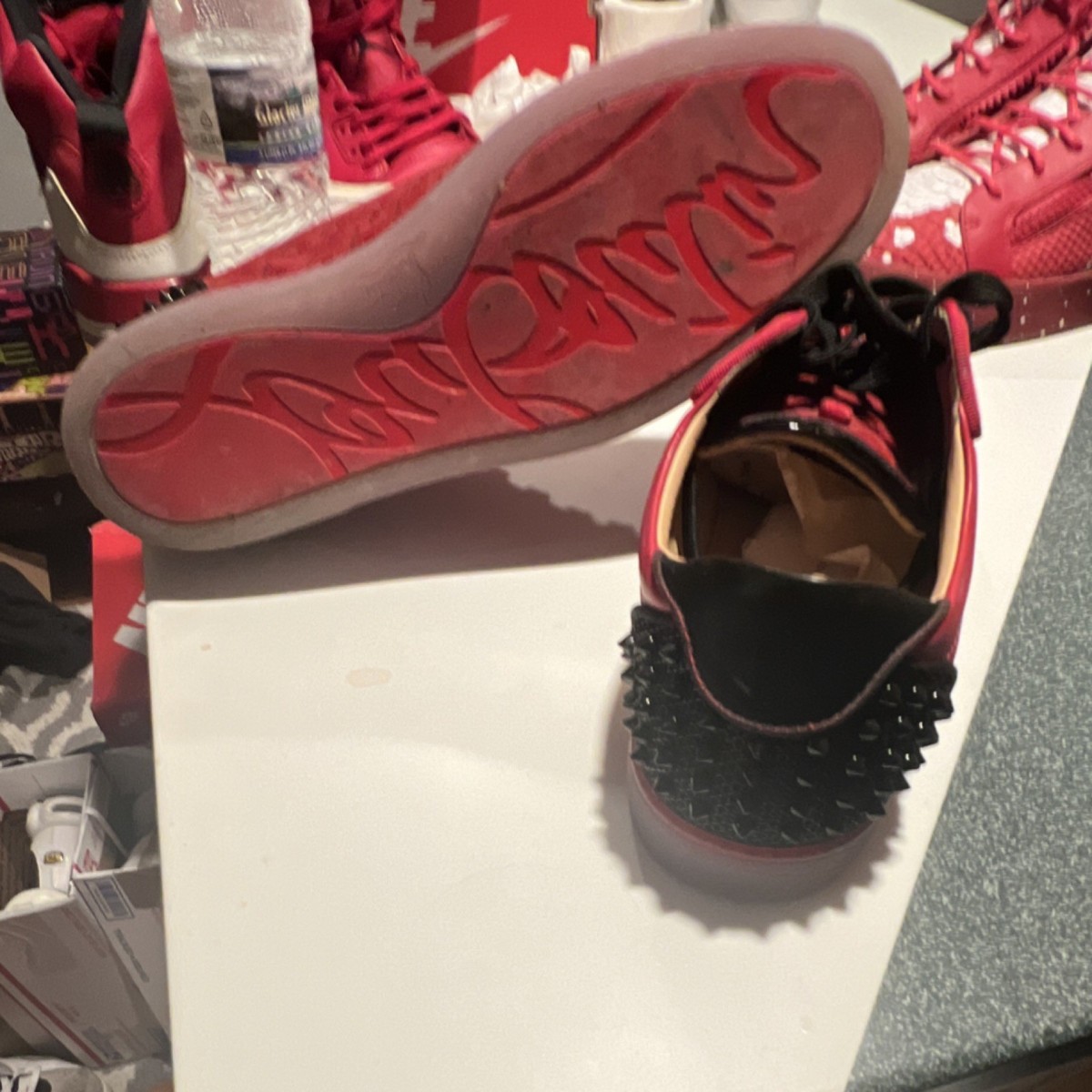 Christian Louboutin Red & Black Spiked Leather Low-Top Sneakers