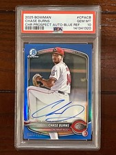 Topps 2025 Bowman Chrome Blue Refractor Auto RC /150 Chase Burns CPA-CB PSA 10