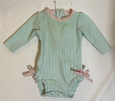 RuffleButts Green Stripe Pink Trim One Piece Rash Guard Seersucker Swimsuit 3/6M