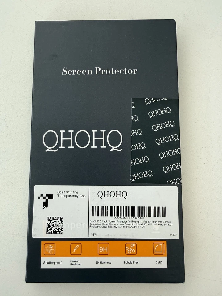 QHOHQ 3 Pack Screen Protector for iPhone 14 Pro 6.1 in with Camera Protector - Image 2 of 3