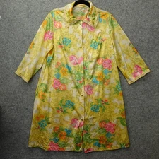 70s Vintage House Coat Womens LARGE Yellow Pink Floral Duster Robe MOD Lounge
