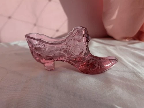 Vtg. Fenton Cranberry Pink Glass Shoe Embossed Rose Pattern Fenton Stamp Mark