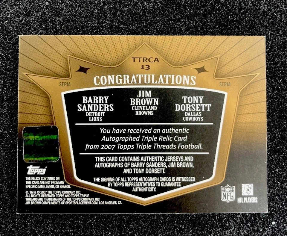 2007 Triple Threads Barry Sanders Jim Brown Dorsett Auto Jersey /27 HOF! Triple - Image 2 of 2