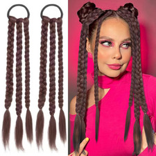 Braided Ponytail Extensions Synthetic Fiber 2 Pieces Dark Brown Hair Ties