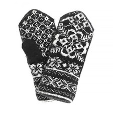 Women's Wool Knit Mittens Clover Warm Soft Mitts Black and White